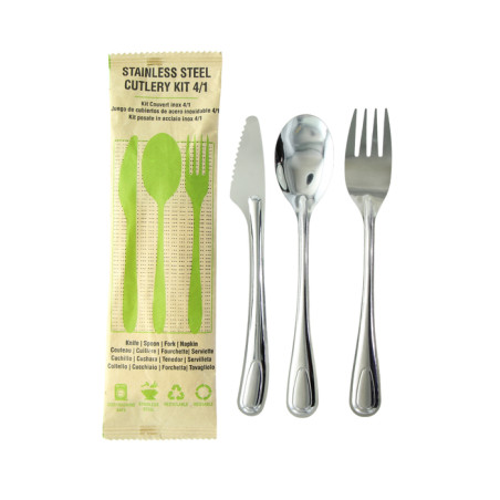 Kit couverts Noxcut en inox 4/1: couteau fourchette cuillère à soupe et serviette, emballage papier 210x60mm H15mm