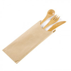 Kit couverts bois 2/1: fourchette-cuillère serviette, emballage