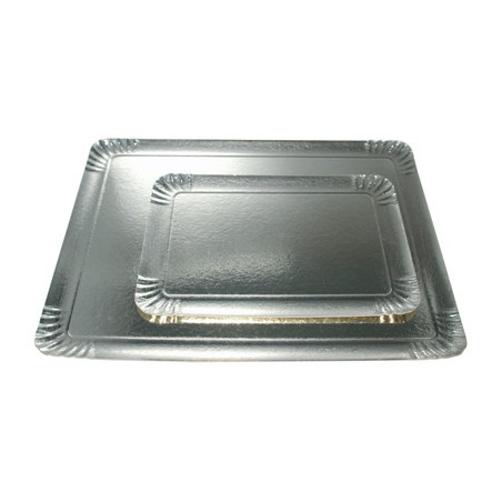 Plateau en carton argenté 28 x 19 cm apte au contact alimentaire de notre  vaisselle jetable.